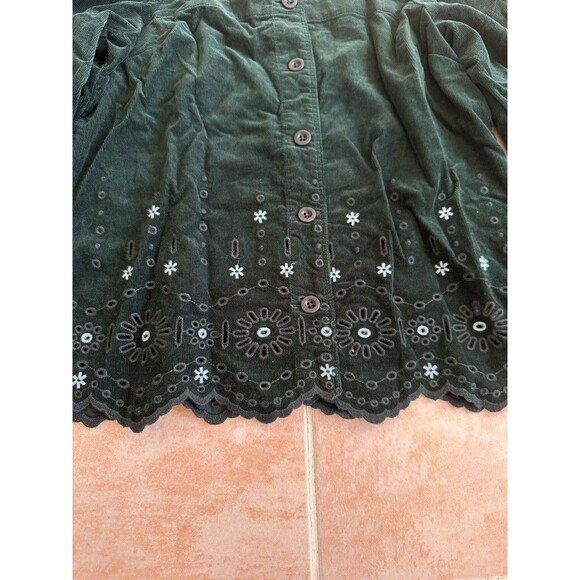 Madewell Embroidered Green Corduroy Tie Sleeve Eyelet Blouse Women size‎ XXS - Picture 5 of 9